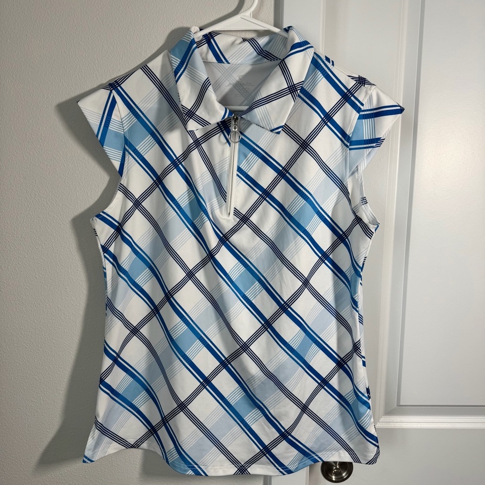 Jack Smith Women’s Golf Polo Shirt Size XL Sleeveless UPF 50+ White Blue Stripes - Picture 4 of 10